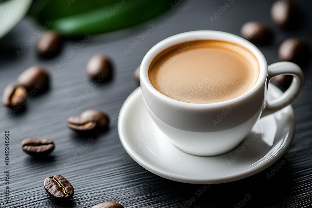 Fototapeta premium Sleek White Cup of Steaming Coffee and Scattered Coffee Beans : Generative AI