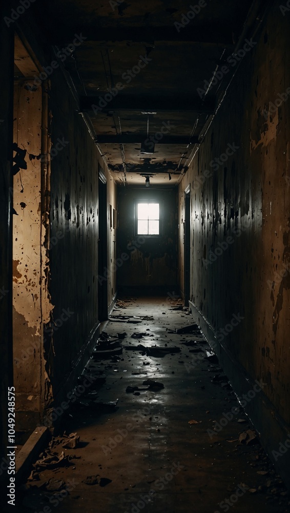 Dark corridor with rotting walls and weak lights. Frightening and horror concept. Halloween idea. Copy space. Dark corridor with rotting walls and weak lights. Frightening and horror concept. Halloween idea. Copy space.