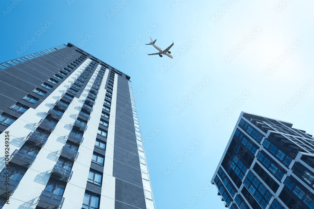 Fototapeta premium Airplane flying over buildings in city, low angle view