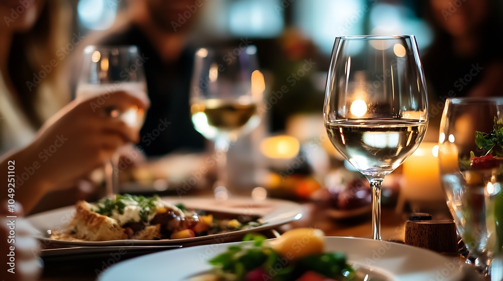 Obraz premium Elegant Fine Dining with White Wine Glasses and Luxurious Table Setting at Night : Generative AI