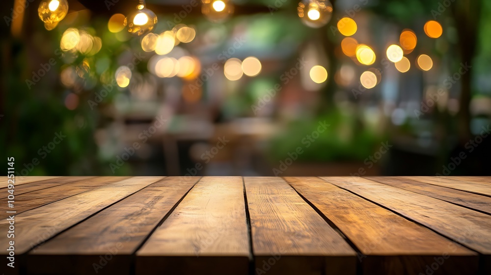 Rustic Wooden Table in Cozy Outdoor Cafe with Warm Glowing Light Ambiance : Generative AI Rustic Wooden Table in Cozy Outdoor Cafe with Warm Glowing Light Ambiance : Generative AI