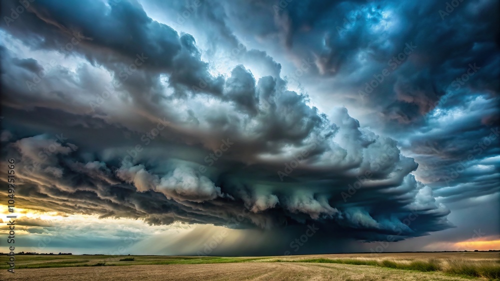A dense and menacing stratus cloud mass covering the entire landscape with its dark, foreboding shadows and a hint of electric blue in the distance., shadowy, dark, foreboding A dense and menacing stratus cloud mass covering the entire landscape with its dark, foreboding shadows and a hint of electric blue in the distance., shadowy, dark, foreboding