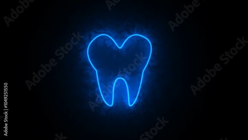A neon teeth emblem of a human. Line of glowing neon A dark background with an isolated emblem of a tooth treatment operation.