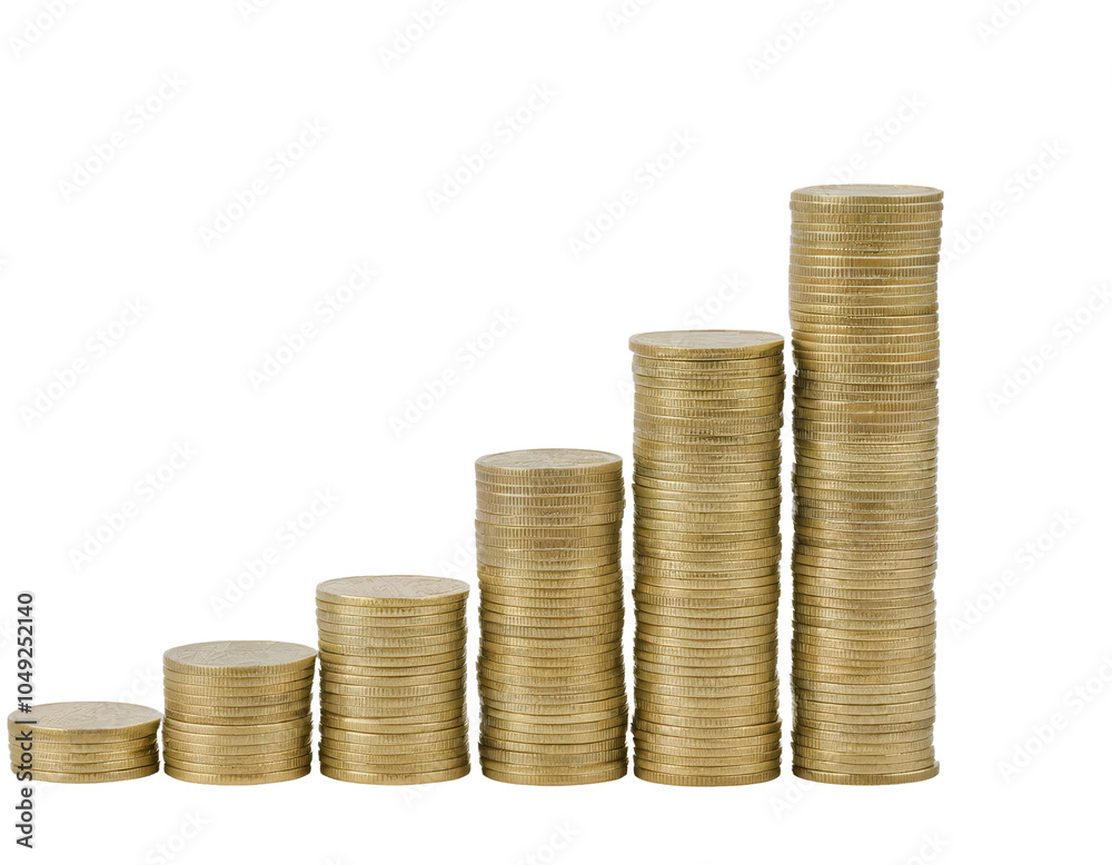 Animated coins growing in a stop motion style, representing investment growth and profit increase on a white backdrop Animated coins growing in a stop motion style, representing investment growth and profit increase on a white backdrop