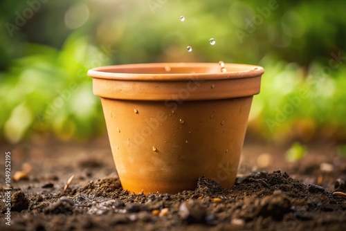 A khaki-colored flower pot sits on a damp soil with a few droplets of water dripping off its surface, garden, soil