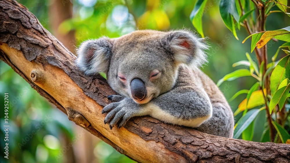 Fototapeta premium Koala napping in tree, holding trunk