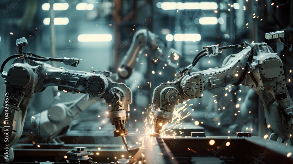 Industrial Robots Welding Metal with Sparks Flying Industrial Robots Welding Metal with Sparks Flying