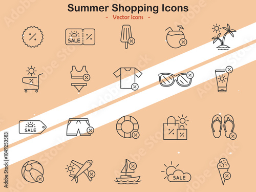 Icons showcasing summer shopping themes and vacation purchases