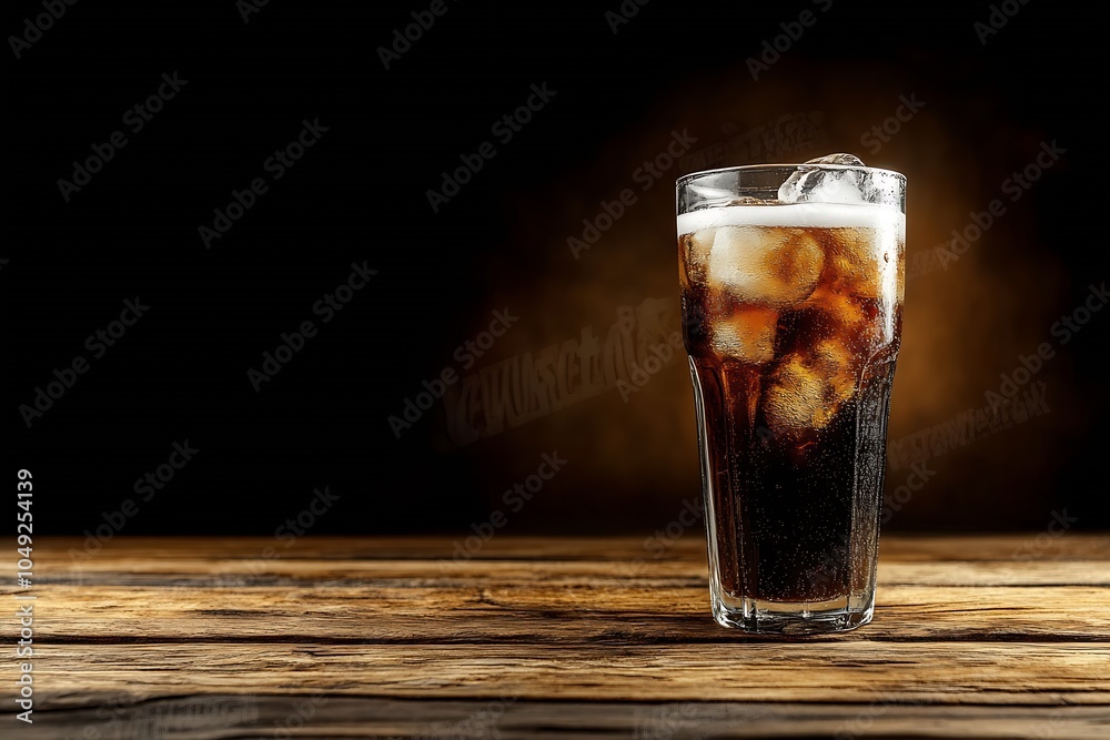 Chilled cola with ice cubes forming condensation on wooden surface in dramatic lighting : Generative AI Chilled cola with ice cubes forming condensation on wooden surface in dramatic lighting : Generative AI