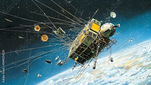 Spacecraft Towing Defunct Satellites Toward the Atmosphere for Controlled Re Entry and Disposal Cleaning Up Space Debris and Waste in a Sustainable Space Mission photo