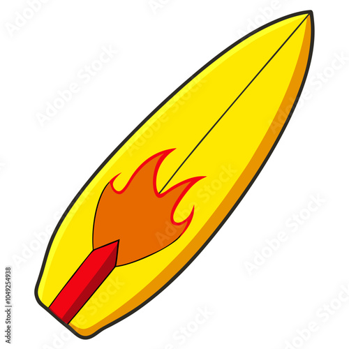 A yellow surfboard with a fiery design, perfect for adding a touch of summer fun and excitement to your projects. This vector illustration is ideal for websites, social media, and print designs.