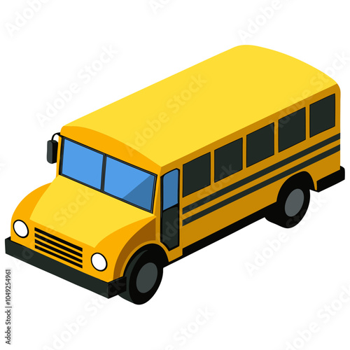 A yellow school bus, an iconic symbol of childhood and education, is depicted in a simple yet detailed isometric design.