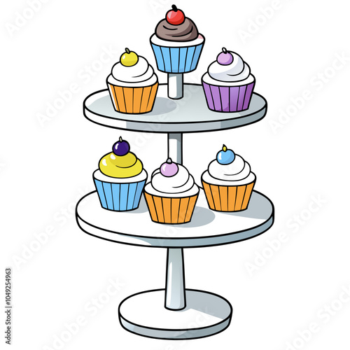 A colorful illustration of six cupcakes displayed on a tiered stand. The cupcakes are decorated with various toppings, like cherries, blueberries, and sprinkles.