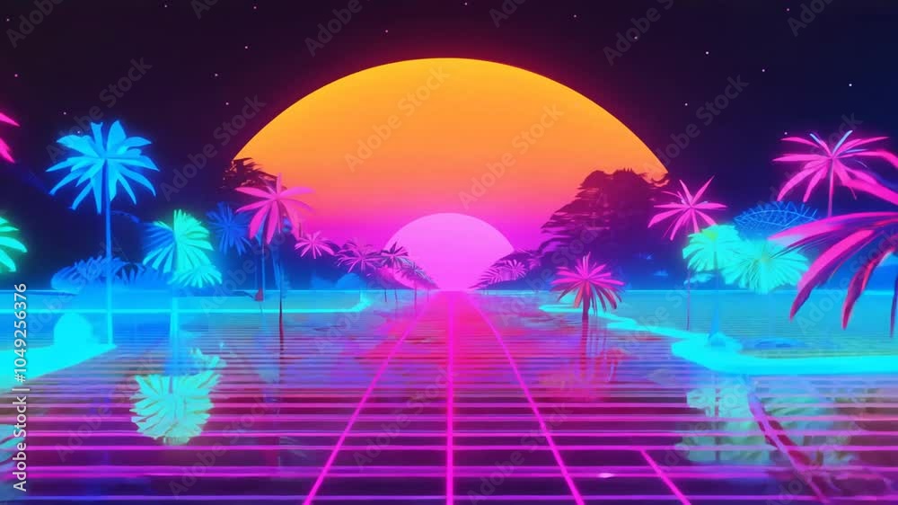 Retrowave palm Vaporwave trees sunset beach background tree neon sun tropical abstract 80s retro vintage poster illustration banner design style landscape summer futuristic paradise sunrise nature sk