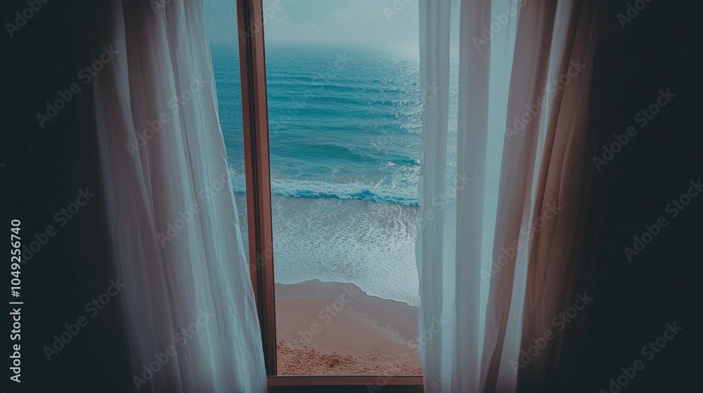 Fototapeta premium Tranquil Beach View Through Window with Sheer Curtains