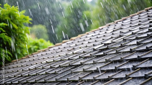 Close-Up of summer rain and hail falling on slate roof