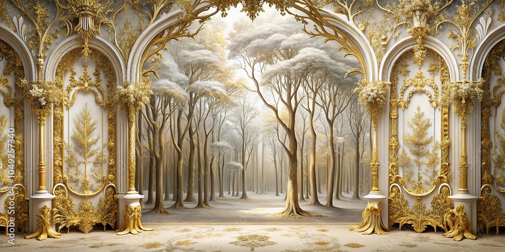 Fototapeta premium Panoramic golden white forest with rococo decoration