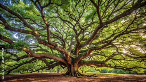 A sprawling tree with a massive canopy overhead, its branches stretching out in all directions like a celestial map, root system, botanical, wooden branches, tree silhouette