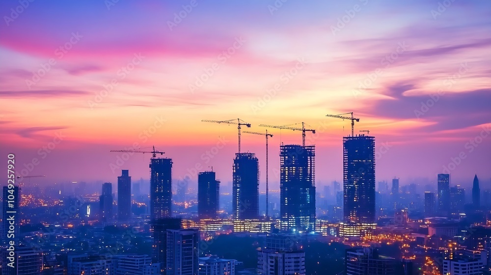Fototapeta premium Urban City Skyline at Sunset with Construction Cranes over Rising Skyscrapers : Generative AI