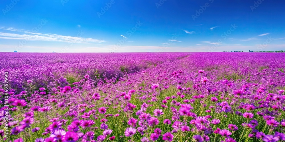 Obraz premium A stunning purple wildflower field in full bloom against a clear blue sky, fields, garden, wildflowers