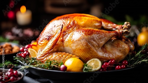 Traditional OvenRoasted Thanksgiving Turkey with Garnish and Lemons : Generative AI photo