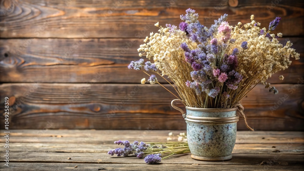 A vase filled with an arrangement of dried lavender, baby's breath, and other pastel-colored flowers in a rustic, wooden background, craft, floral arrangement, bouquet, decorative, branch A vase filled with an arrangement of dried lavender, baby's breath, and other pastel-colored flowers in a rustic, wooden background, craft, floral arrangement, bouquet, decorative, branch