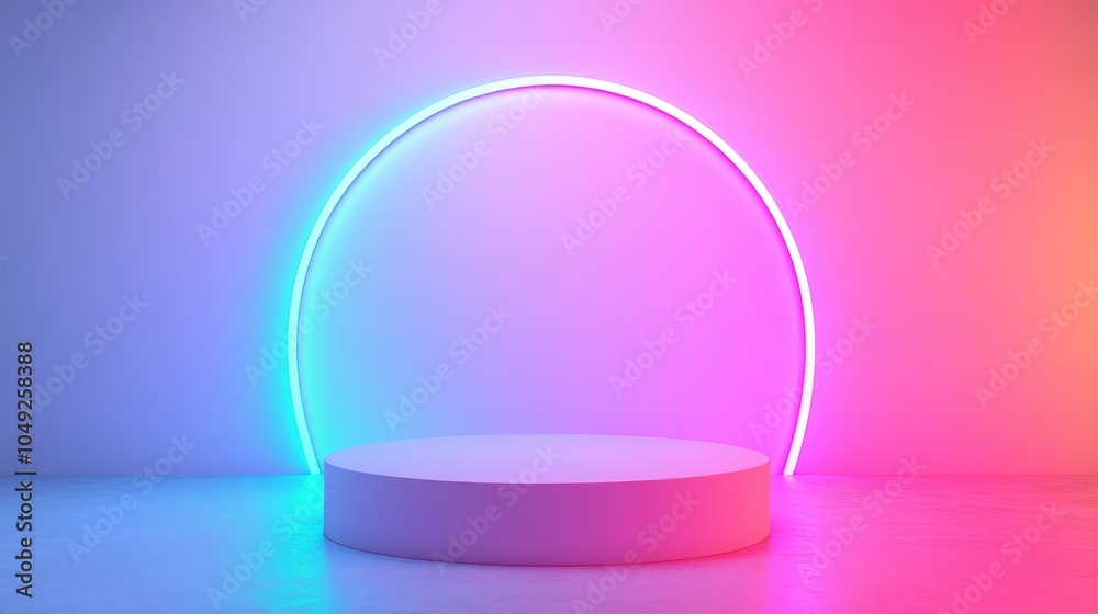 White Cylinder Platform with Neon Blue and Pink Arc Lights White Cylinder Platform with Neon Blue and Pink Arc Lights