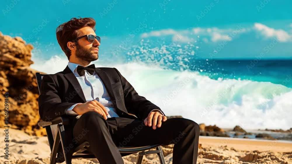 Handsome young man in tuxedo seated by ocean waves, embracing leisure on beach chair by sea. Handsome young man in tuxedo seated by ocean waves, embracing leisure on beach chair by sea.