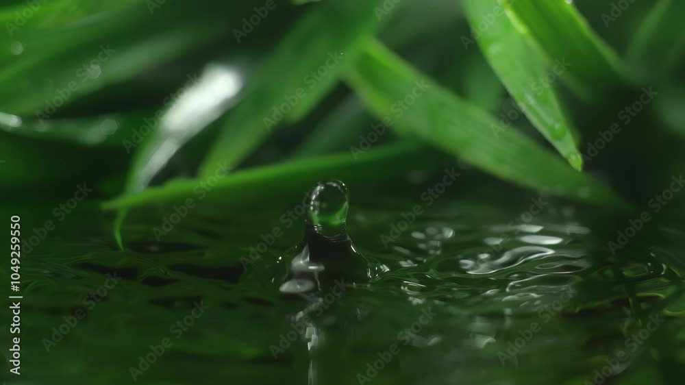 Slow motion macro shot of water droplet falling from fresh green leaf. Alternative herb skin care medicine concept. Herbal essence dropping from leaf. Organic serum drop or green tea tree oil extract Slow motion macro shot of water droplet falling from fresh green leaf. Alternative herb skin care medicine concept. Herbal essence dropping from leaf. Organic serum drop or green tea tree oil extract