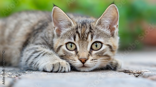 Curious Tabby Kitten Lying on Pavement in Lush Garden Environment : Generative AI