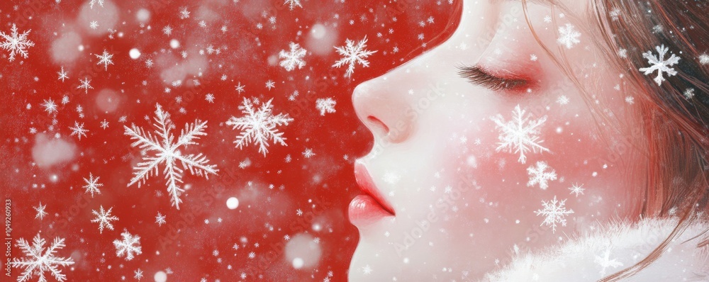 A serene profile of a woman with closed eyes, surrounded by falling snowflakes against a vibrant red background, evoking a winter wonderland. A serene profile of a woman with closed eyes, surrounded by falling snowflakes against a vibrant red background, evoking a winter wonderland.