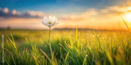 Close-up of a single white flower blooming in a field of tall green grass with a beige-colored sky, beige background, blue sky, stem, grass