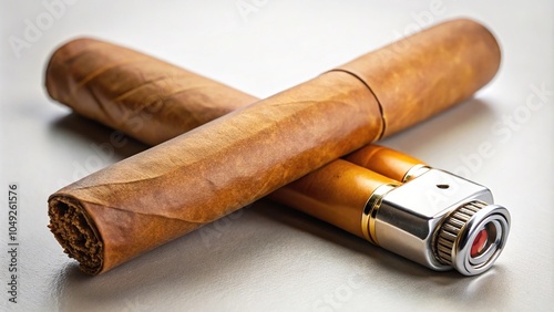 Stock photo of various cigars and cigarillos next to a lighter photo