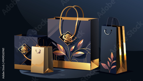 remium shopping bags mock-up, package for purchases on a black background. Rose gold paper shopping bag with golden handles Mock Up. Luxury bag and black box, 3d  photo