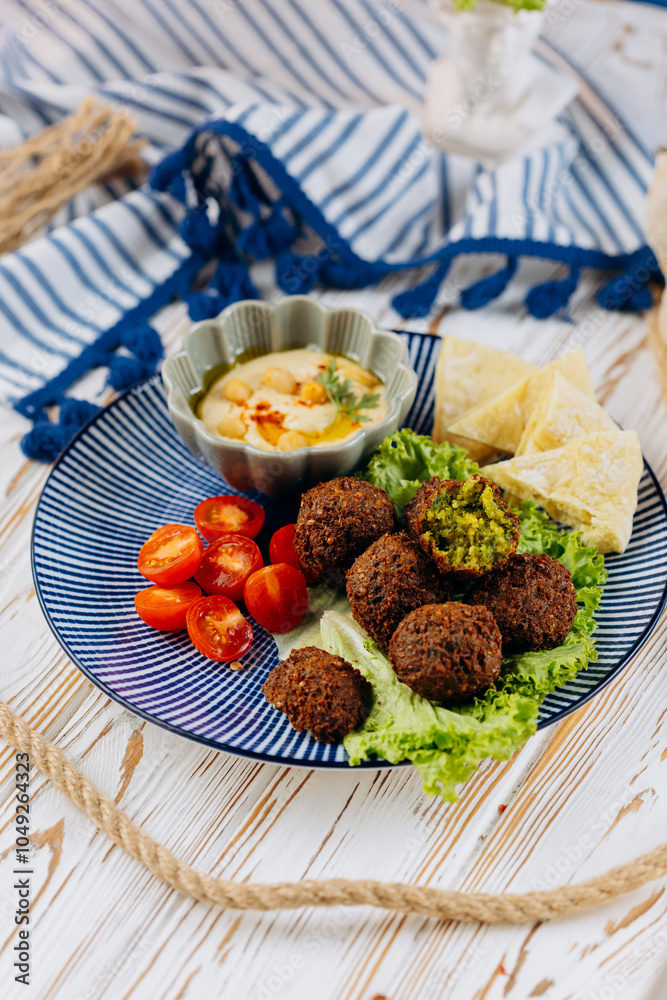 Falafel plate with hummus, cherry tomatoes, lettuce, and pita chips, perfect Mediterranean meal Falafel plate with hummus, cherry tomatoes, lettuce, and pita chips, perfect Mediterranean meal
