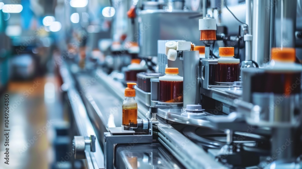 Automated Bottling Line with Bottles of Liquid Automated Bottling Line with Bottles of Liquid