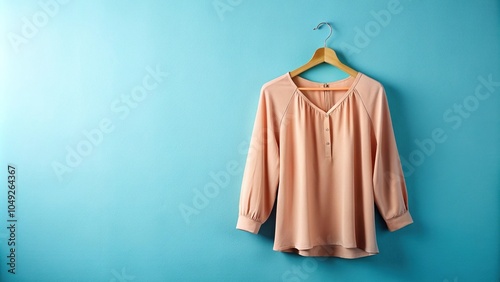 Description: A peach blouse hanging on a hanger against a blue monochrome background