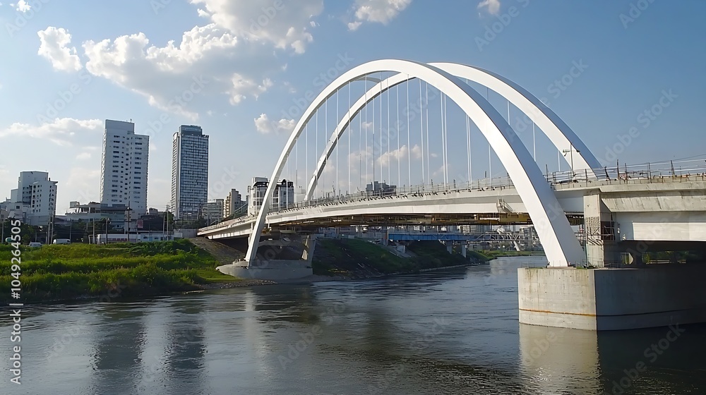 White Arch Bridge Over River with Modern City Skyline in Daylight : Generative AI White Arch Bridge Over River with Modern City Skyline in Daylight : Generative AI