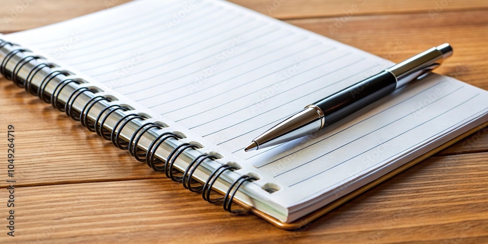 Desk with wide-angle spiral notebook and pen in background Desk with wide-angle spiral notebook and pen in background