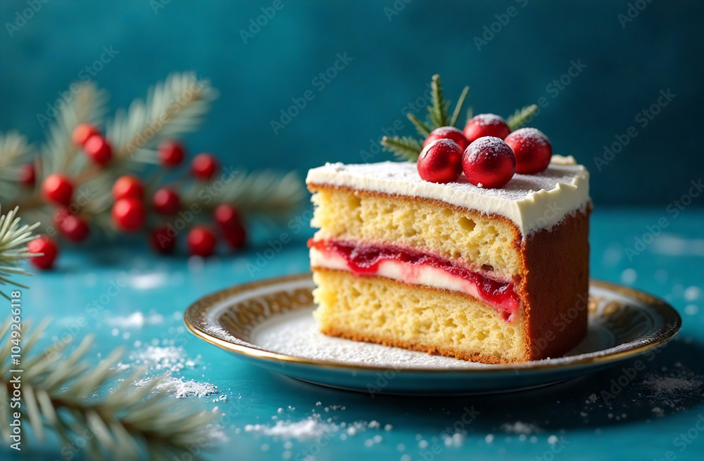 Tasty cake lay on a plate with cristmas decoration on the background Tasty cake lay on a plate with cristmas decoration on the background