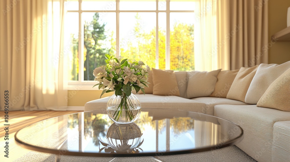 Bright Living Room with Cozy Sofa and Flower Vase Bright Living Room with Cozy Sofa and Flower Vase