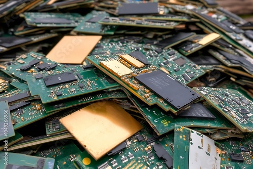 Heap of Computer Circuit Boards E Waste Pile Highlighting Technology and Recycling Challenges : Generative AI photo