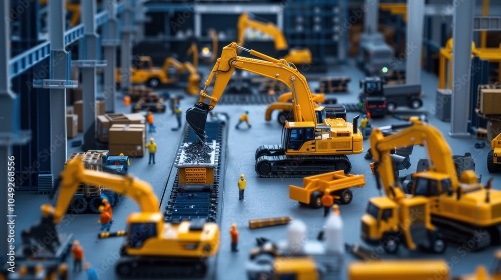 Yellow Excavator Loading a Toy Dump Truck with Gravel Yellow Excavator Loading a Toy Dump Truck with Gravel