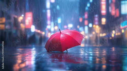 Wallpaper Mural A red umbrella sits on a wet city street at night under a heavy downpour, with blurred lights and silhouettes of people in the background. Torontodigital.ca