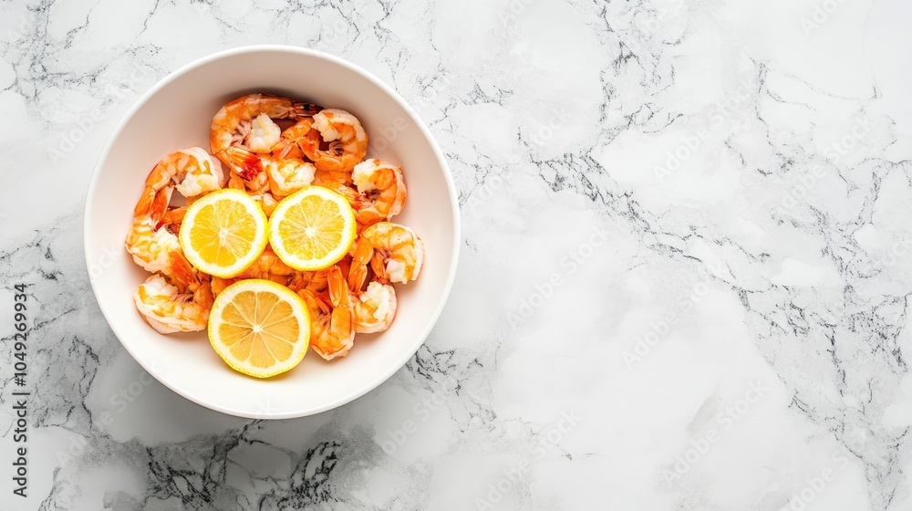 Fresh Shrimp with Lemon Slices in White Bowl Fresh Shrimp with Lemon Slices in White Bowl
