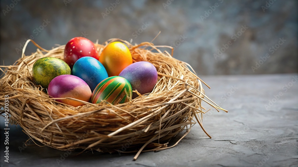 Fototapeta premium Forced perspective colorful Easter eggs in straw nest on grey background