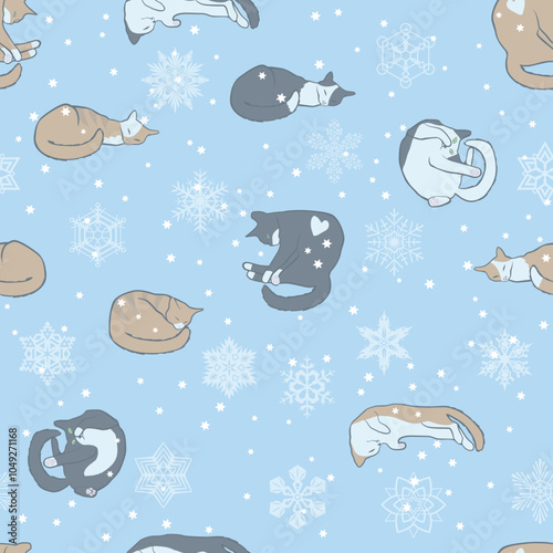 Several colorful cats sleeping among the snowflakes,  seamless vector pattern
