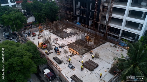 Drone View of Large Scale Building Construction Surrounded by Lush Greenery : Generative AI