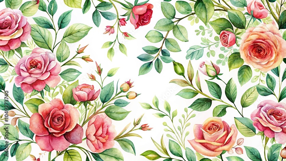 High angle shot of watercolor rose and branch High angle shot of watercolor rose and branch