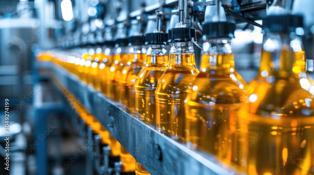 A Line of Filled Bottles Moving Along a Conveyor Belt in a Factory Setting A Line of Filled Bottles Moving Along a Conveyor Belt in a Factory Setting